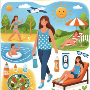 Person with diabetes enjoying summer activities such as walking, swimming, and eating a healthy salad